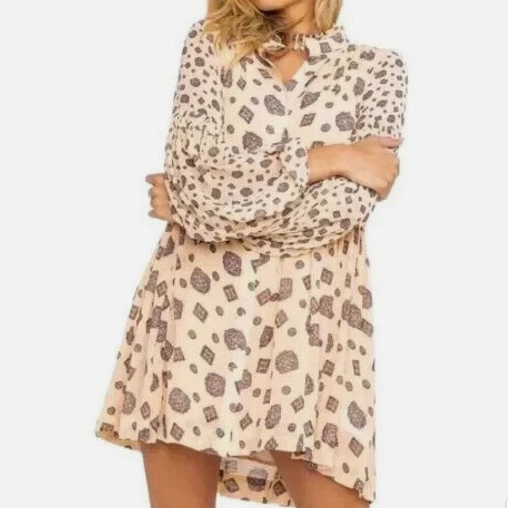 Free People Turn Turn Tea Combo Mini Dress Semi Sheer Balloon Sleeve SZ M - Picture 3 of 11